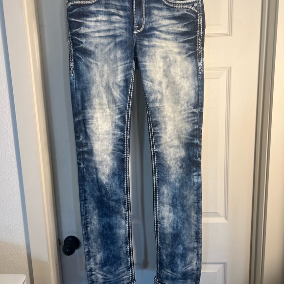 Y2KRock Revival Delu Mid Rise Boot Cut  Jeans 30x33 Women’s Blue White Stitching - Picture 2 of 6